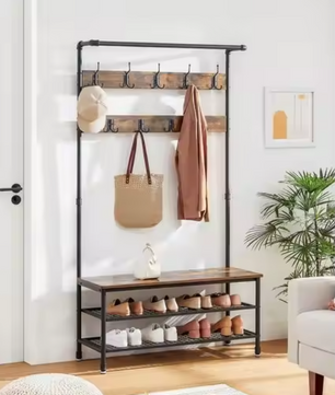 Industriële Kapstok met Zitbank – Waterpijpdesign, Planken en 9 Haken