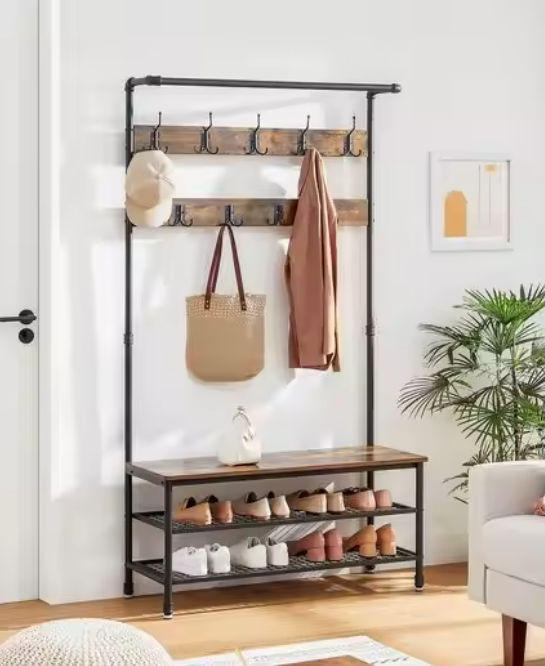 Industriële Kapstok met Zitbank – Waterpijpdesign, Planken en 9 Haken