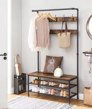 Industriële Kapstok met Zitbank – Waterpijpdesign, Planken en 9 Haken