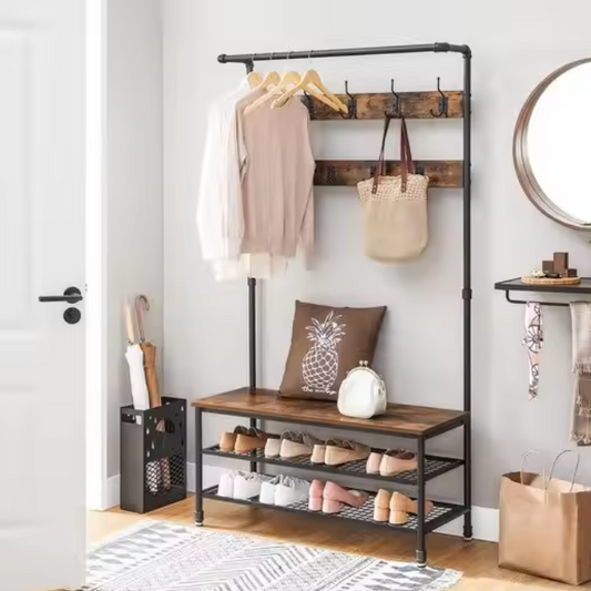 Industriële Kapstok met Zitbank – Waterpijpdesign, Planken en 9 Haken