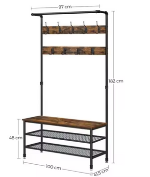 Industriële Kapstok met Zitbank – Waterpijpdesign, Planken en 9 Haken