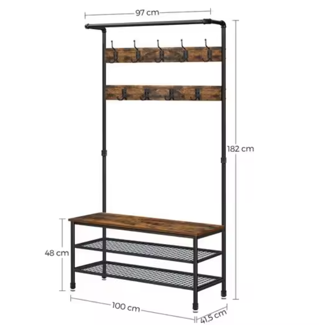 Industriële Kapstok met Zitbank – Waterpijpdesign, Planken en 9 Haken