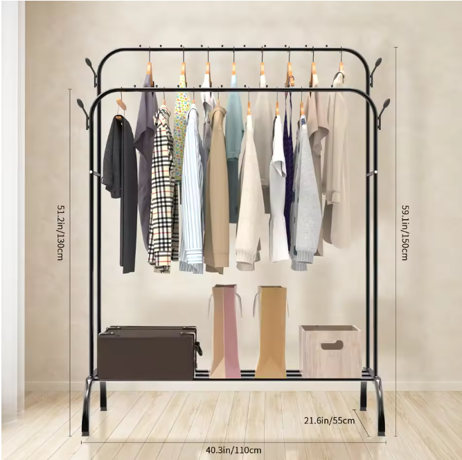 Dubbelpolig Kledingrek – Vrijstaand Droog- en Opbergrek met Zijhaken