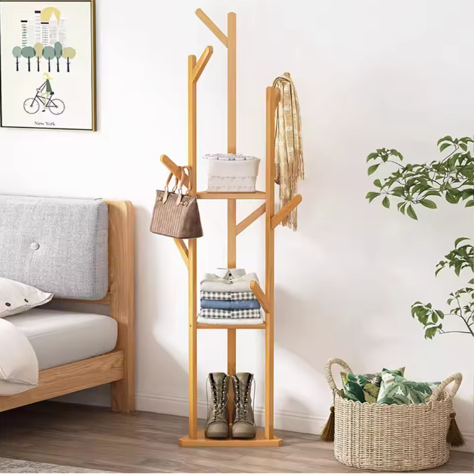 Bamboe Kapstok met 10 Haken – Vrijstaande Kleerhanger met Plank