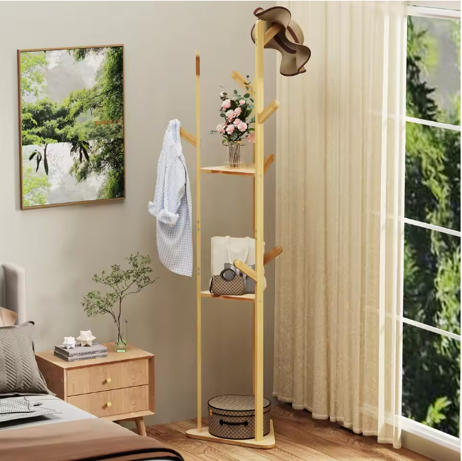 Bamboe Kapstok met 10 Haken – Vrijstaande Kleerhanger met Plank