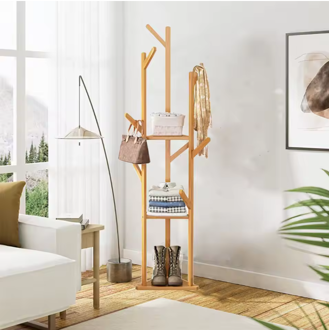 Bamboe Kapstok met 10 Haken – Vrijstaande Kleerhanger met Plank