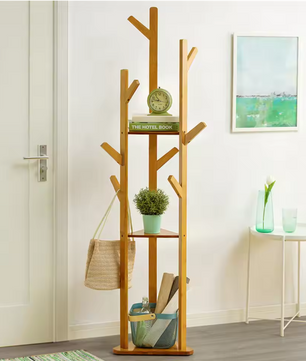 Bamboe Kapstok met 10 Haken – Vrijstaande Kleerhanger met Plank