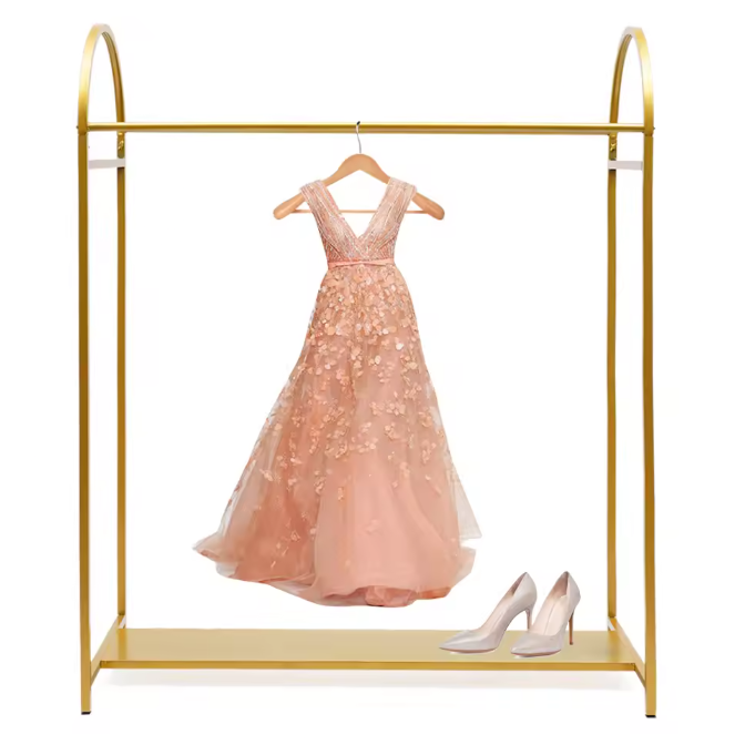Goud Kledingrek met Plank – Stevig Vrijstaand Rek voor Jurken en Tassen