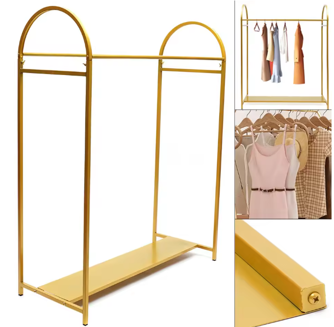 Goud Kledingrek met Plank – Stevig Vrijstaand Rek voor Jurken en Tassen