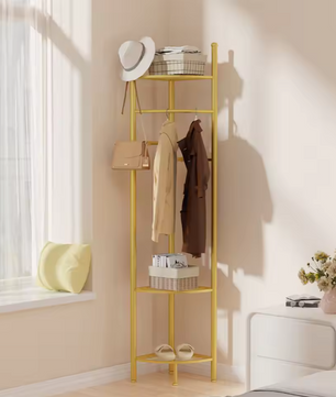 Gouden Hoekkapstok – Vrijstaand Kledingrek met Planken en Haken