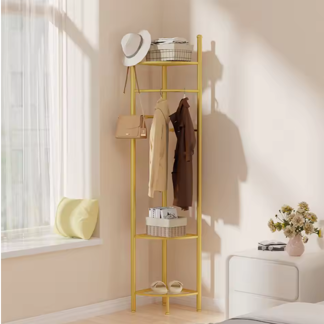 Gouden Hoekkapstok – Vrijstaand Kledingrek met Planken en Haken