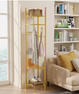 Gouden Hoekkapstok – Vrijstaand Kledingrek met Planken en Haken