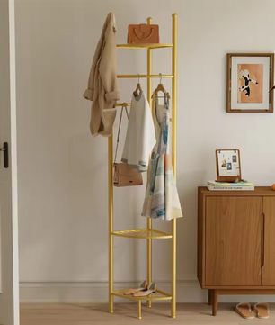 Gouden Hoekkapstok – Vrijstaand Kledingrek met Planken en Haken