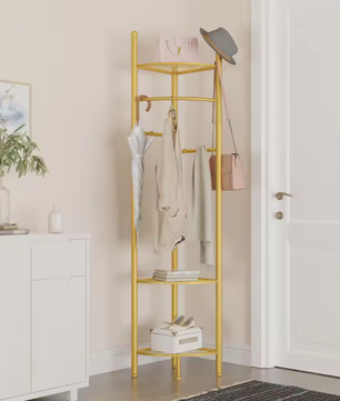 Gouden Hoekkapstok – Vrijstaand Kledingrek met Planken en Haken