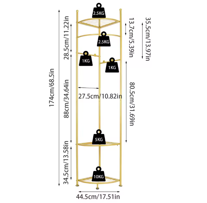 Gouden Hoekkapstok – Vrijstaand Kledingrek met Planken en Haken