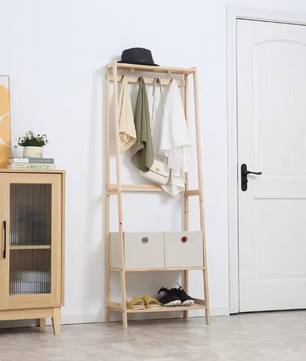 Houten Kapstok met Schoenenrek – 2 Laden, 4 Haken en Planken