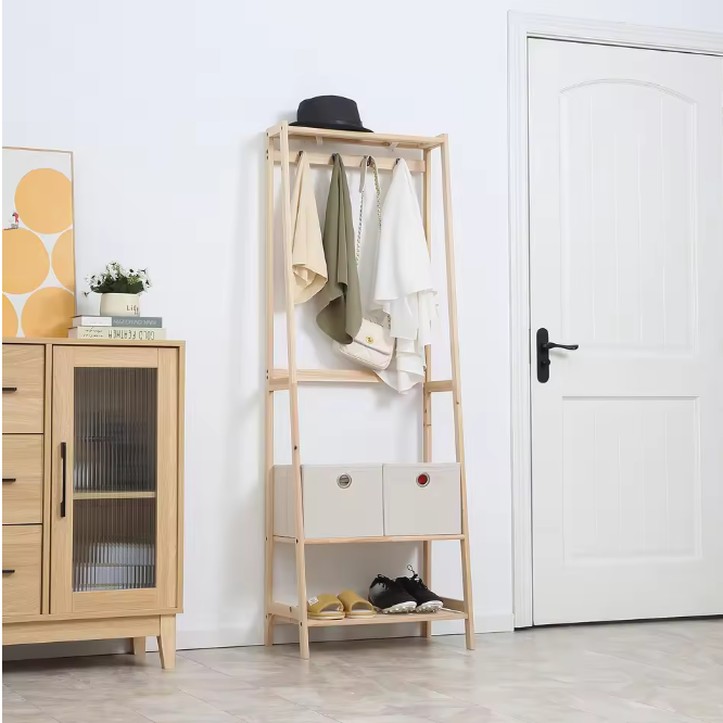 Houten Kapstok met Schoenenrek – 2 Laden, 4 Haken en Planken