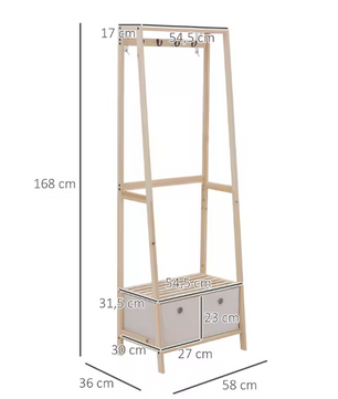 Houten Kapstok met Schoenenrek – 2 Laden, 4 Haken en Planken