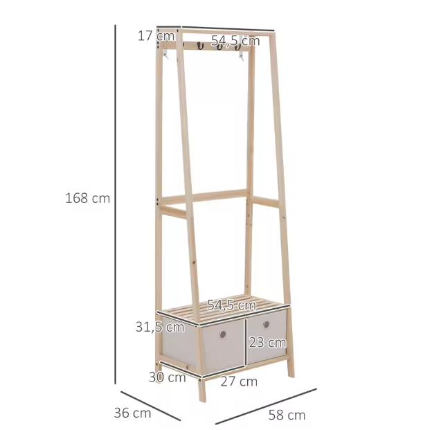 Houten Kapstok met Schoenenrek – 2 Laden, 4 Haken en Planken