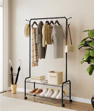 3-in-1 Kledingrek met Plank en Wielen – Met Haken en Dubbele Opbergniveaus