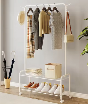 3-in-1 Kledingrek met Plank en Wielen – Met Haken en Dubbele Opbergniveaus