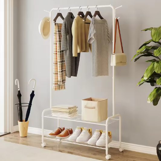 3-in-1 Kledingrek met Plank en Wielen – Met Haken en Dubbele Opbergniveaus