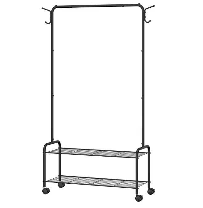 3-in-1 Kledingrek met Plank en Wielen – Met Haken en Dubbele Opbergniveaus