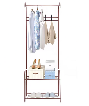 Elegant Koffiekleurig Kledingrek – IJzeren Rek met 4 Haken en 2 Planken