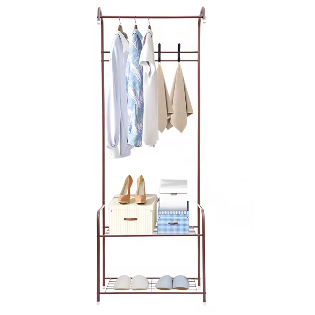 Elegant Koffiekleurig Kledingrek – IJzeren Rek met 4 Haken en 2 Planken