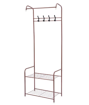 Elegant Koffiekleurig Kledingrek – IJzeren Rek met 4 Haken en 2 Planken
