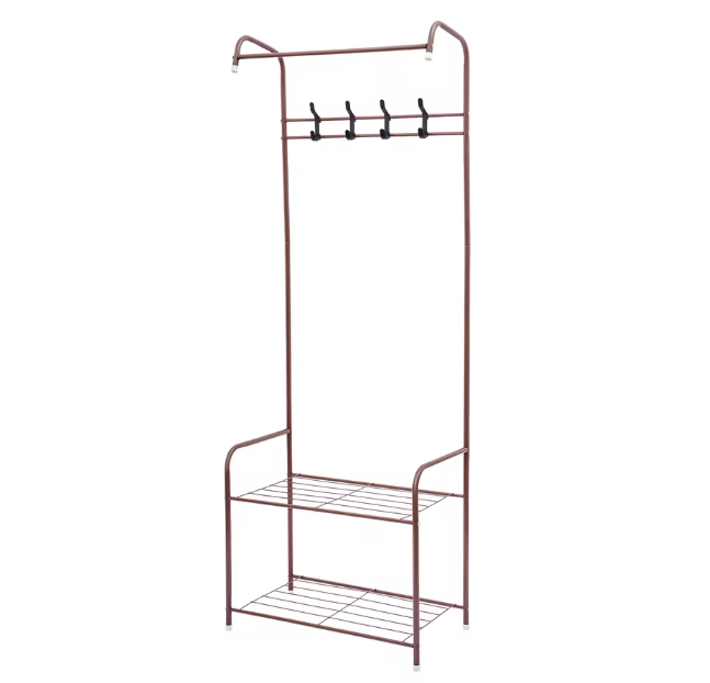 Elegant Koffiekleurig Kledingrek – IJzeren Rek met 4 Haken en 2 Planken