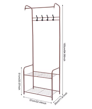 Elegant Koffiekleurig Kledingrek – IJzeren Rek met 4 Haken en 2 Planken