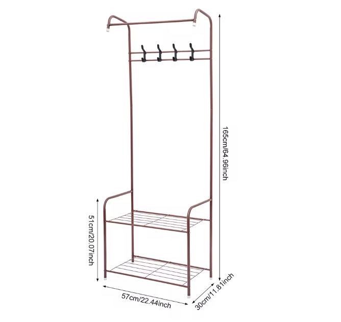 Elegant Koffiekleurig Kledingrek – IJzeren Rek met 4 Haken en 2 Planken