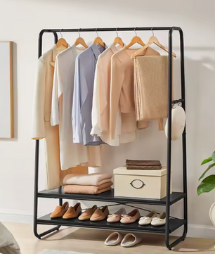 Vrijstaande Jurkenstandaard met Planken – 6 Haken en Stalen Frame