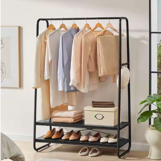 Vrijstaande Jurkenstandaard met Planken – 6 Haken en Stalen Frame