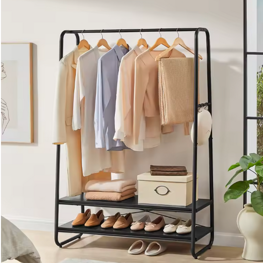 Vrijstaande Jurkenstandaard met Planken – 6 Haken en Stalen Frame