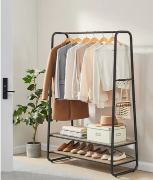 Vrijstaande Jurkenstandaard met Planken – 6 Haken en Stalen Frame