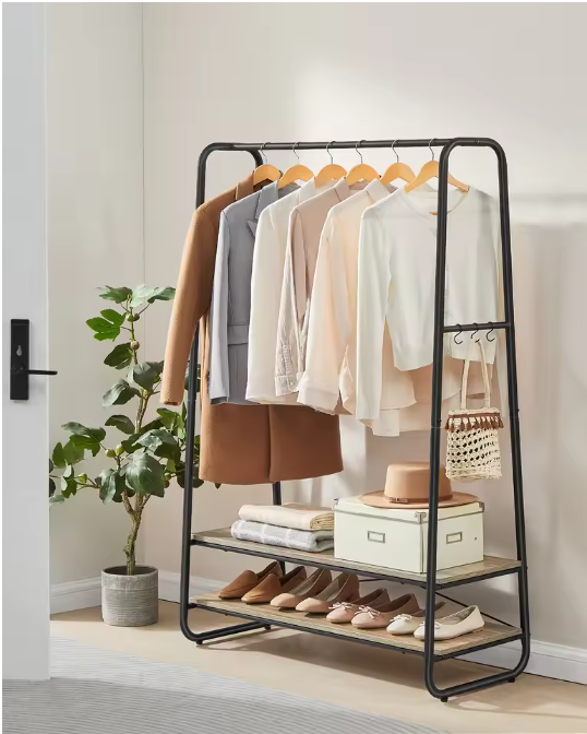 Vrijstaande Jurkenstandaard met Planken – 6 Haken en Stalen Frame