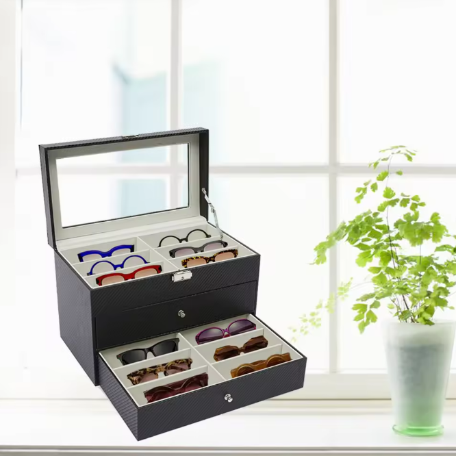 18-Vaks Brillenorganizer – Moderne Opbergdoos met 3 Lagen en Glazen Deksel