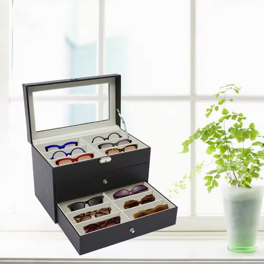 18-Vaks Brillenorganizer – Moderne Opbergdoos met 3 Lagen en Glazen Deksel