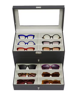 18-Vaks Brillenorganizer – Moderne Opbergdoos met 3 Lagen en Glazen Deksel
