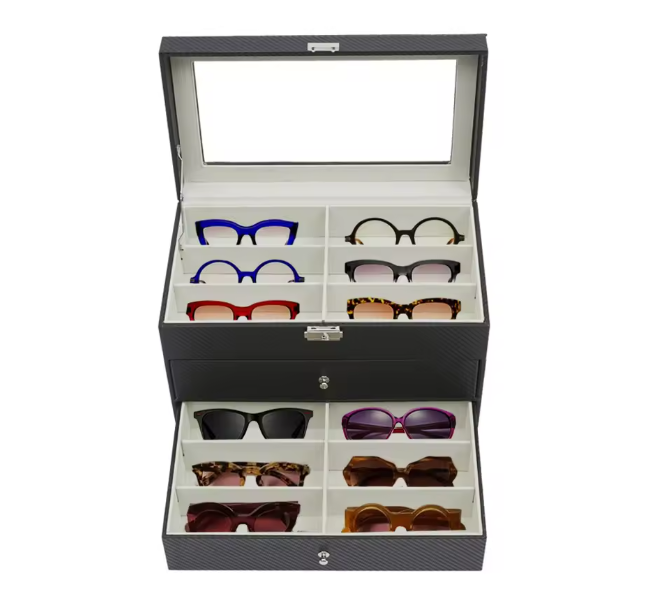 18-Vaks Brillenorganizer – Moderne Opbergdoos met 3 Lagen en Glazen Deksel