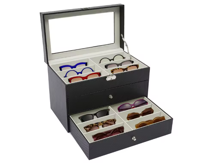18-Vaks Brillenorganizer – Moderne Opbergdoos met 3 Lagen en Glazen Deksel