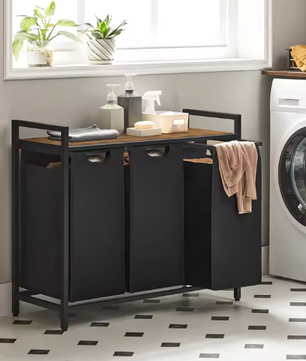 3-Vaks Wasmand met Opbergrek – Uitschuifbare Waszakken en Stalen Frame