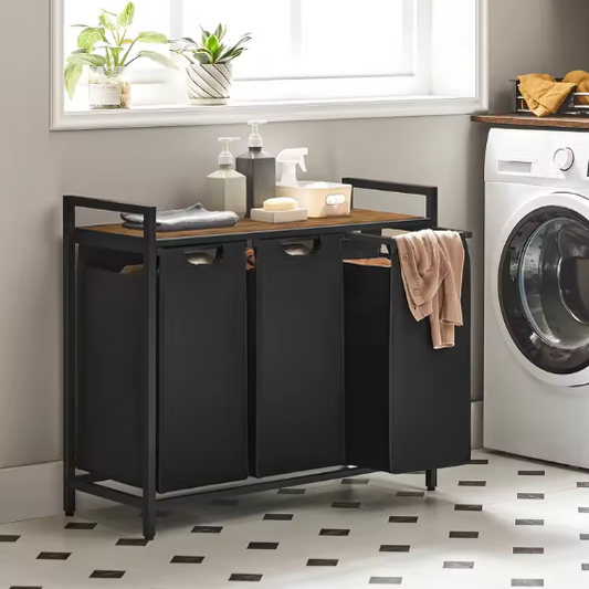 3-Vaks Wasmand met Opbergrek – Uitschuifbare Waszakken en Stalen Frame