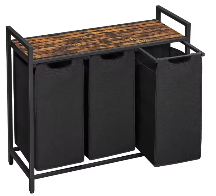 3-Vaks Wasmand met Opbergrek – Uitschuifbare Waszakken en Stalen Frame