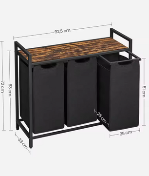 3-Vaks Wasmand met Opbergrek – Uitschuifbare Waszakken en Stalen Frame