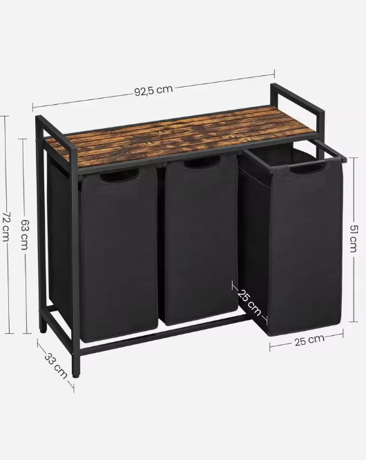 3-Vaks Wasmand met Opbergrek – Uitschuifbare Waszakken en Stalen Frame