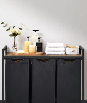 3-Vaks Wasmand met Opbergrek – Uitschuifbare Waszakken en Stalen Frame