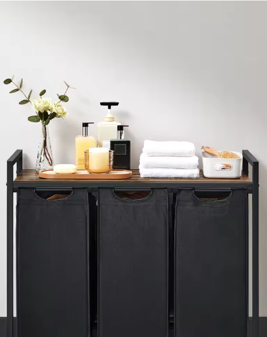 3-Vaks Wasmand met Opbergrek – Uitschuifbare Waszakken en Stalen Frame